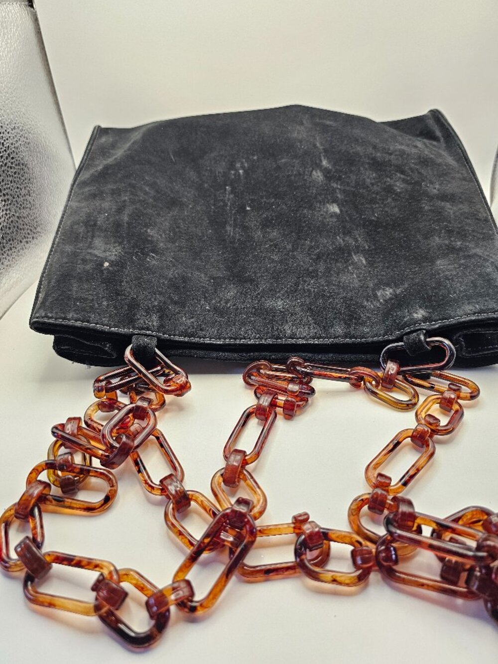 Vintage Chris Candler USA Suede Shoulder Bag, Tortoiseshell Chain Strap, 80s/90s - Picture 6 of 11